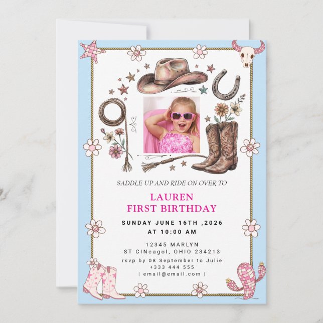 Invitación de cumpleaños para la primera rodeo de  (Anverso)