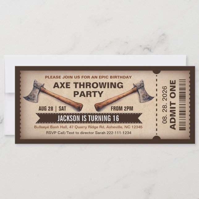 Invitación de cumpleaños para lanzamiento de hacha (Anverso)