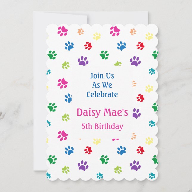 Invitación de cumpleaños para mascotas con huellas (Anverso)