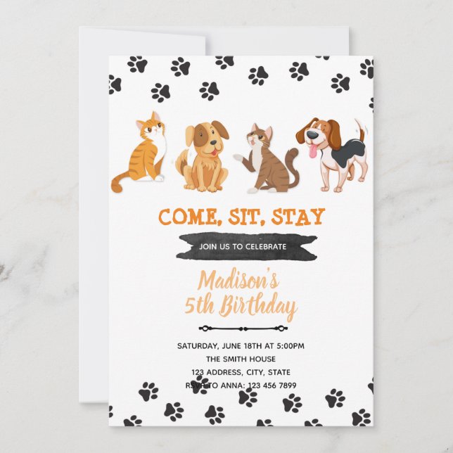 Invitación de cumpleaños para mascotas perro gato (Anverso)