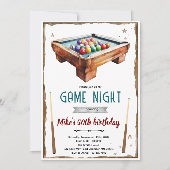 Invitación de cumpleaños para mesa de billar pool (Anverso)