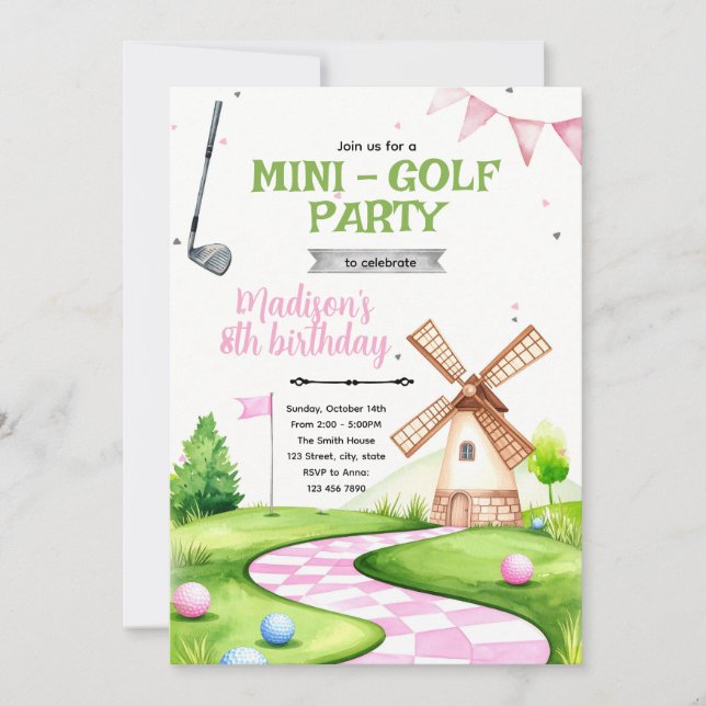 Invitación de cumpleaños para mini golf con molino (Anverso)