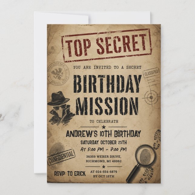 Invitación de cumpleaños para misión de espía pers (Anverso)