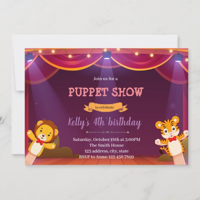 Invitación de cumpleaños para mostrar títeres (Anverso)