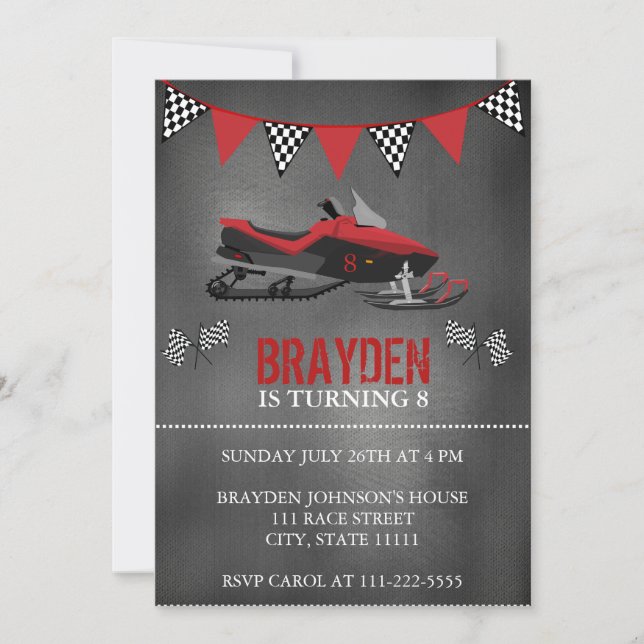 Invitación de cumpleaños para moto de nieve con pi (Anverso)