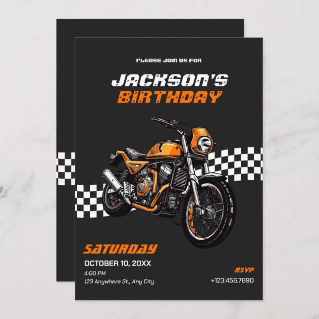 Invitación de cumpleaños para motocicleta clásica (Anverso / Reverso)