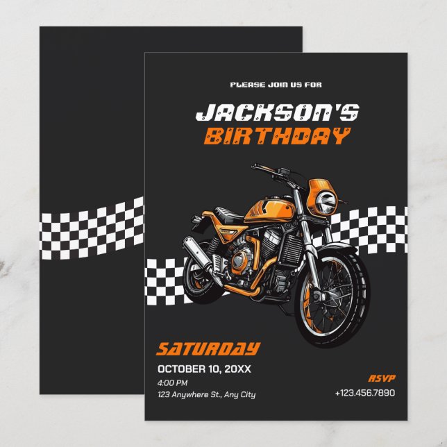 Invitación de cumpleaños para motocicleta clásica (Anverso / Reverso)