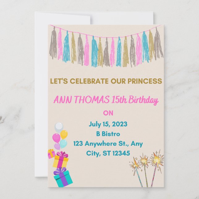 Invitación de cumpleaños para niña (Anverso)