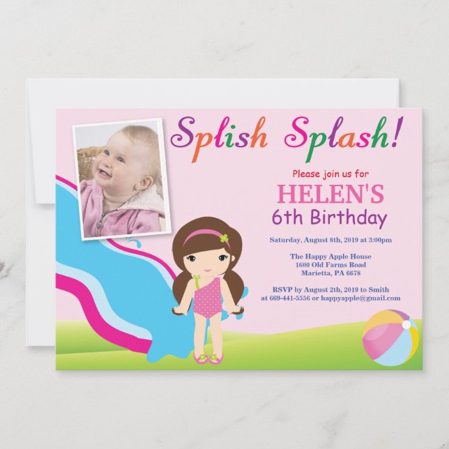 Invitación de cumpleaños para niña a fiesta en pis (Anverso)