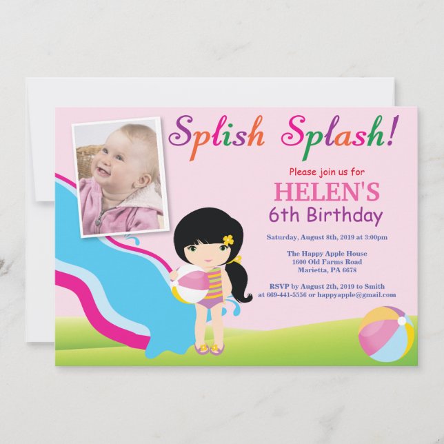 Invitación de cumpleaños para niña a fiesta en pis (Anverso)
