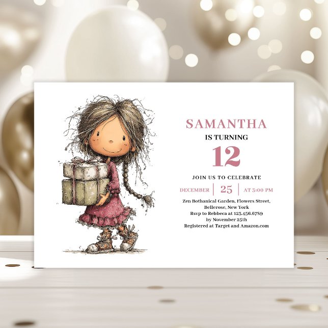 Invitación de cumpleaños para niña caprichosa rosa (Whimsical Girl Birthday Invitation Dusty Pink Printable)