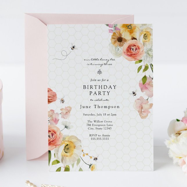 Invitación de cumpleaños para niña con flores y ab (Subido por el creador)