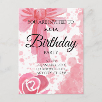 Invitación de cumpleaños para niña con lazo rosa