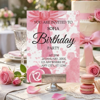 Invitación de cumpleaños para niña con lazo rosa