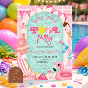 Invitación de cumpleaños para niña con piscina ros