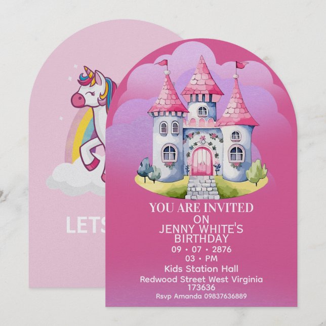 Invitación de cumpleaños para niña con tema de pri (Anverso / Reverso)