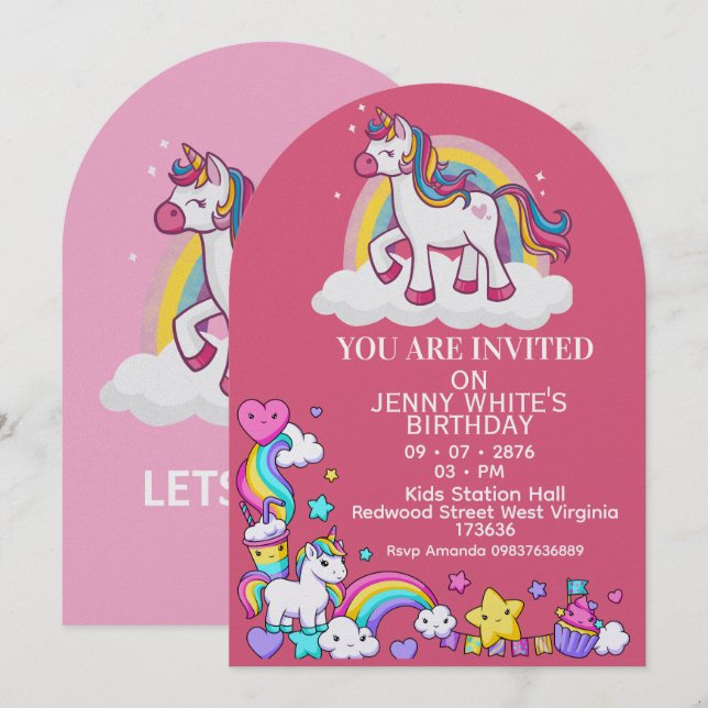 Invitación de cumpleaños para niña con tema de uni (Anverso / Reverso)