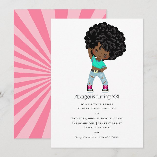 Invitación de cumpleaños para niña con trenzas al  (Anverso / Reverso)