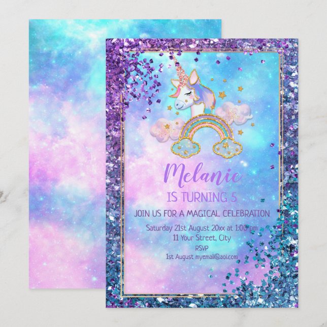 Invitación de cumpleaños para niña con unicornios (Anverso / Reverso)