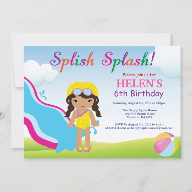 Invitación de cumpleaños para niña de fiesta en pi (Anverso)