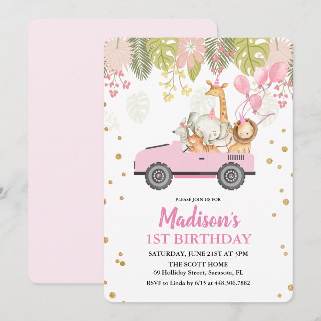 Invitación de cumpleaños para niña de safari en la (Anverso / Reverso)