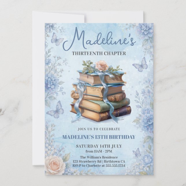 Invitación de cumpleaños para niña del Libro Azul (Anverso)