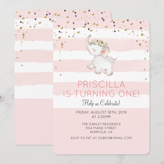 Invitación de cumpleaños para niña elefante para c (Anverso / Reverso)