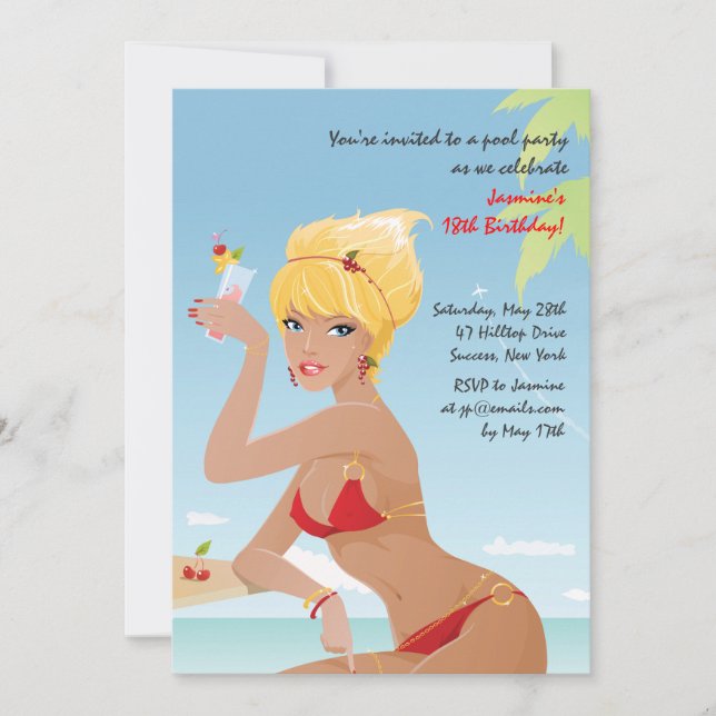 Invitación de cumpleaños para niña en bikini rojo (Anverso)