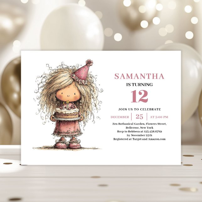 Invitación de cumpleaños para niña extravagante Du (Quirky Girl Birthday Invite Dusty Pink Printable Card)