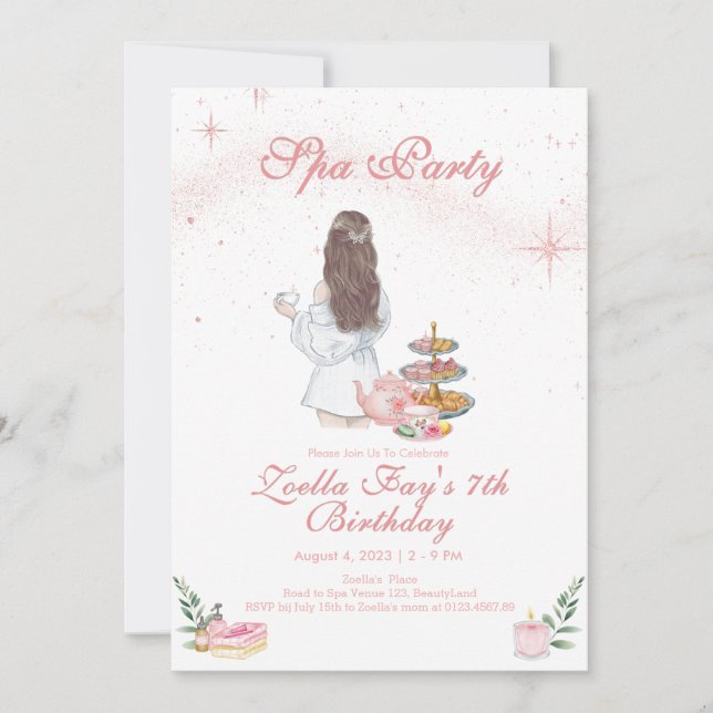 Invitación de cumpleaños para niña fiesta de spa r (Anverso)
