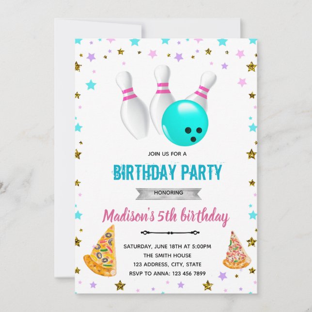 Invitación de cumpleaños para niña pizza y bolos (Anverso)