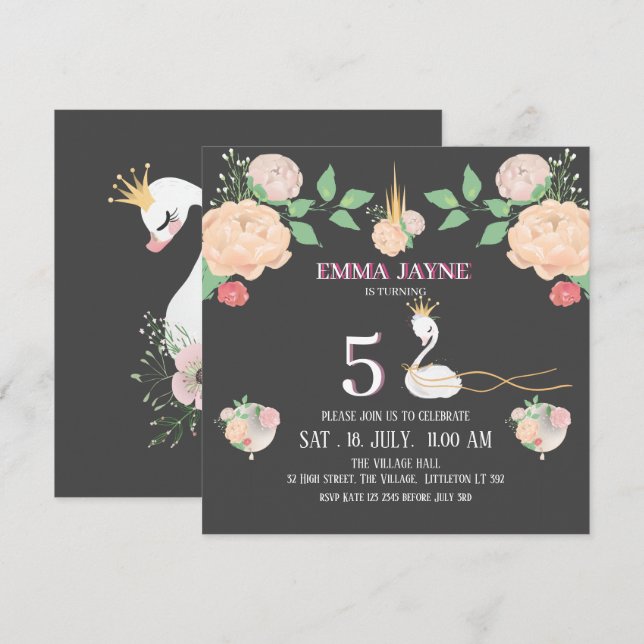 Invitación de cumpleaños para niñas con cisnes flo (Anverso / Reverso)