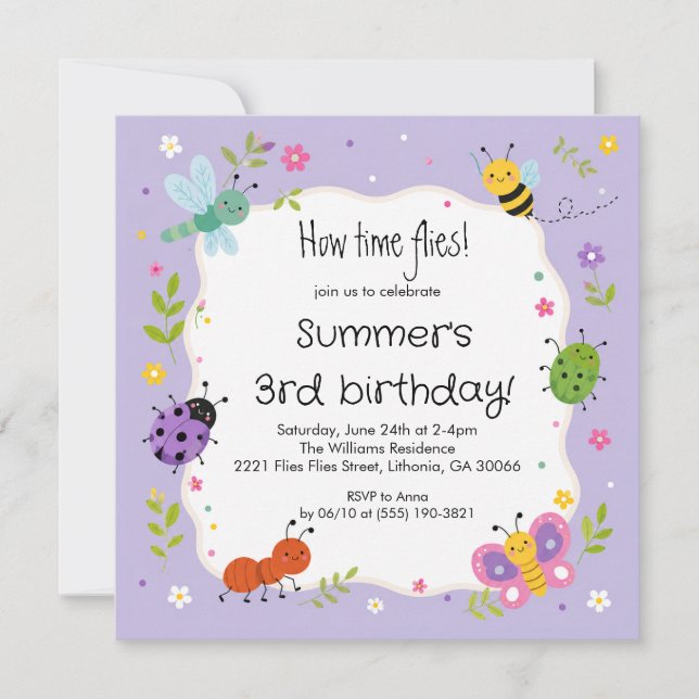 Invitación de cumpleaños para niñas con insectos l (Anverso)