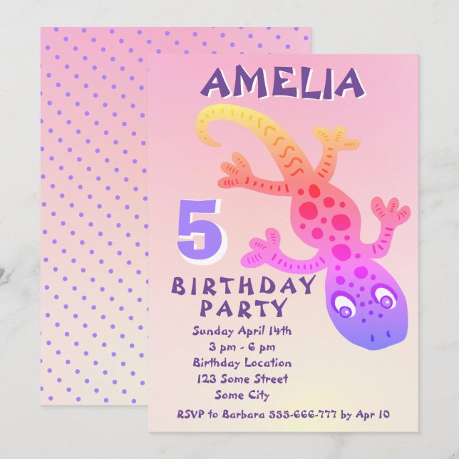 Invitación de cumpleaños para niñas con lagarto ge (Anverso / Reverso)