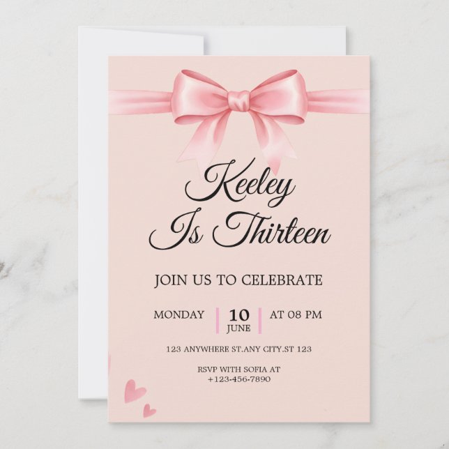 Invitación de cumpleaños para niñas con lazo rosa  (Anverso)
