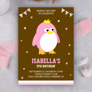 Invitación de cumpleaños para niñas con pingüinos 