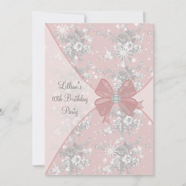Invitación de cumpleaños para niñas con rosa deste (Anverso)