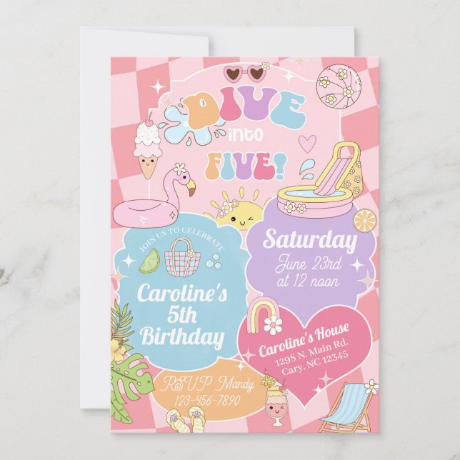Invitación de cumpleaños para niñas de cinco años  (Anverso)