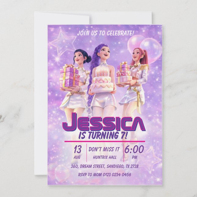 Invitación de cumpleaños para niñas en púrpura (Anverso)