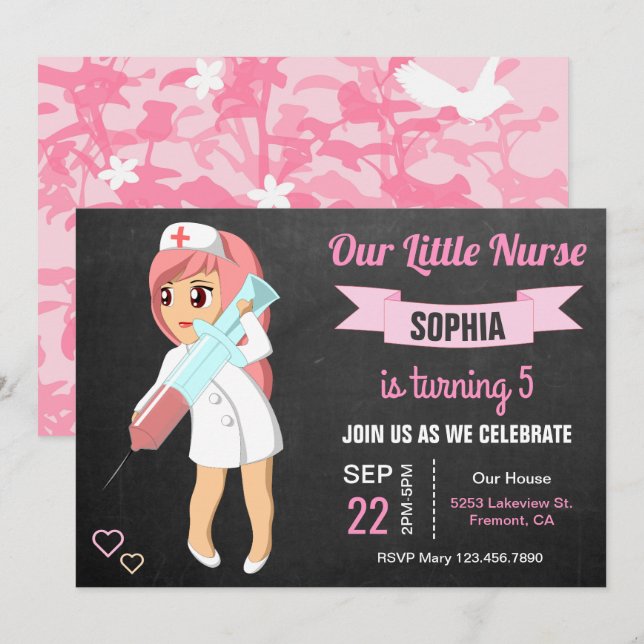 Invitación de cumpleaños para niñas enfermeras lin (Anverso / Reverso)