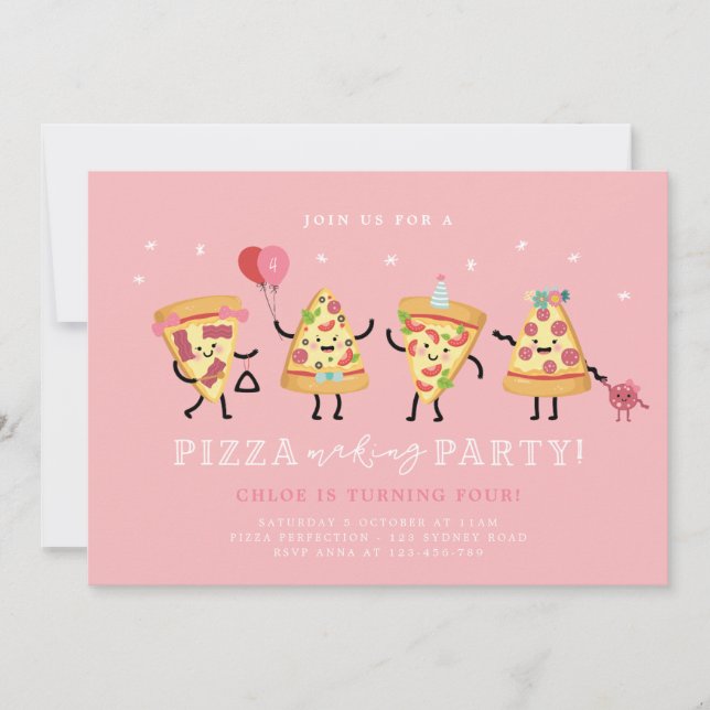 Invitación de cumpleaños para niñas fiesta de pizz (Anverso)