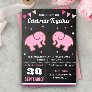 Invitación de cumpleaños para niñas gemelas elefan