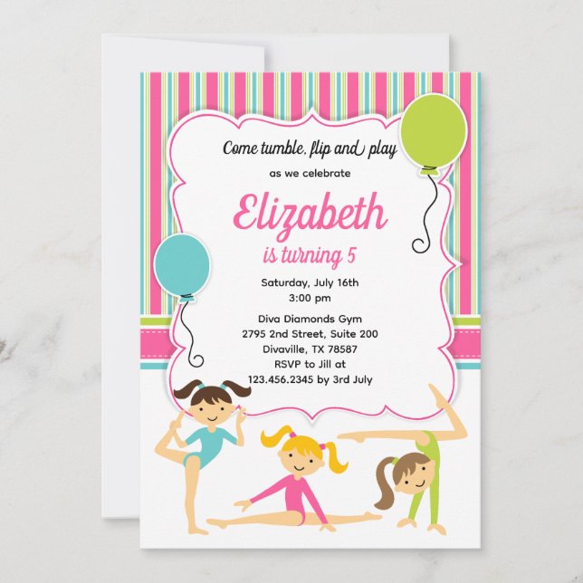 Invitación de cumpleaños para niñas gimnastas (Anverso)