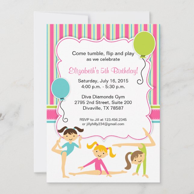 Invitación de cumpleaños para niñas gimnastas (Anverso)