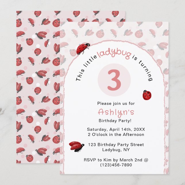 Invitación de cumpleaños para niñas mariquita rosa (Anverso / Reverso)