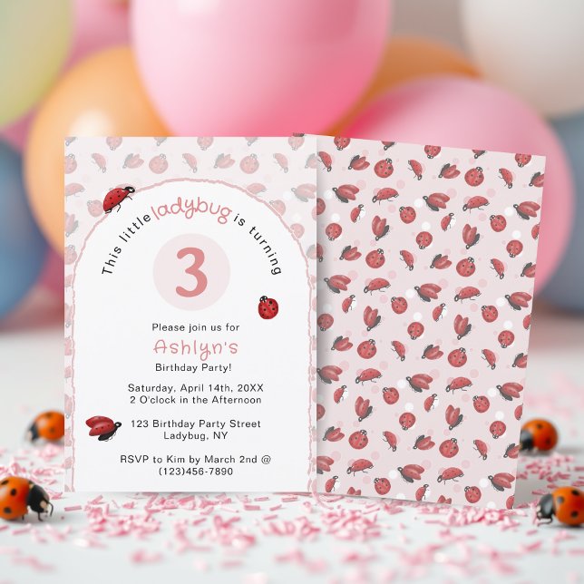 Invitación de cumpleaños para niñas mariquita rosa (Pink Ladybug Girls Birthday Invitation)