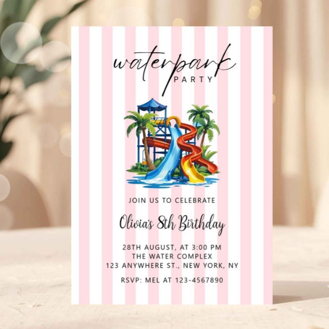 Invitación de cumpleaños para niñas parque acuátic (pink waterpark invitation, girls pool party invite, summer birthday invitation girl, elegant kids bi)
