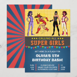 Invitación de cumpleaños para niñas superheroínas