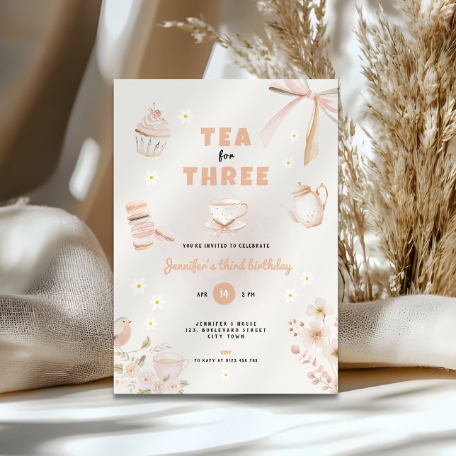 Invitación de cumpleaños para niñas: Té para tres (Tea for Three birthday invitation for girls)