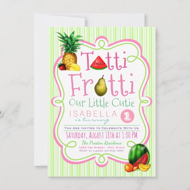 Invitación de cumpleaños para niñas Tutti Frutti (Anverso)